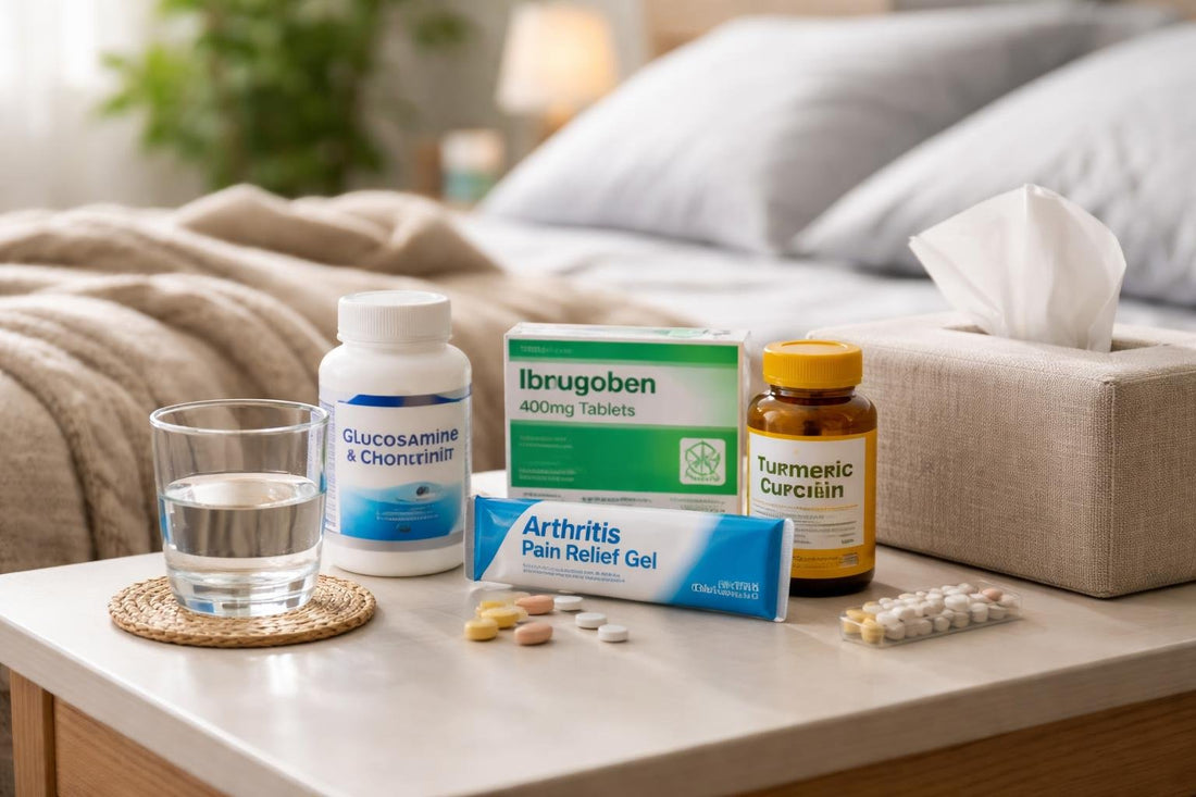 Arthritis pain relief medicines and gel on a bedside table