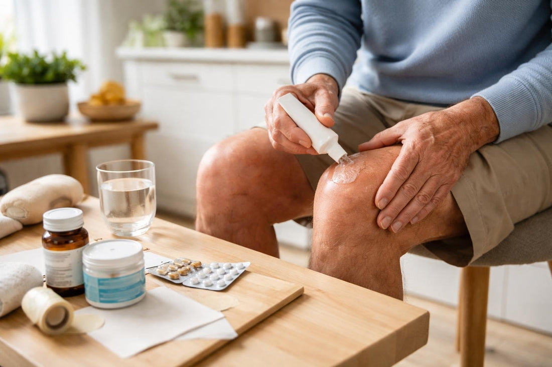 senior applying topical gel to painful knee