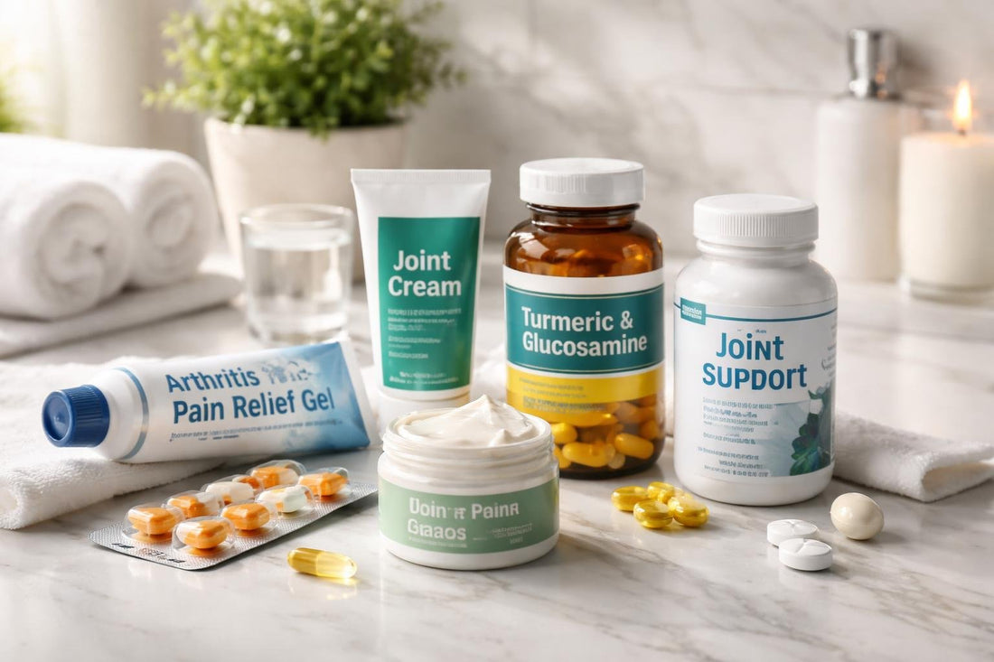 Varied arthritis relief gels, creams and supplements on table