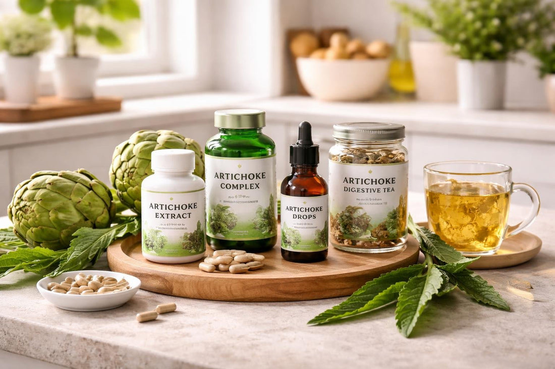 Artichoke herbal supplements arranged with leaves on table