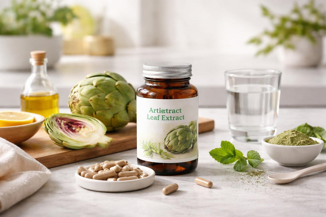 Artichoke leaf herbal supplement capsules on a kitchen counter