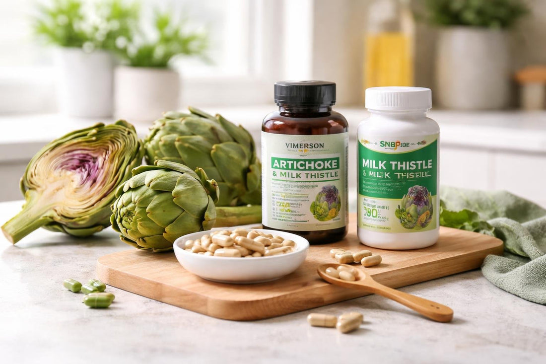 Artichoke supplement capsules alongside fresh artichoke