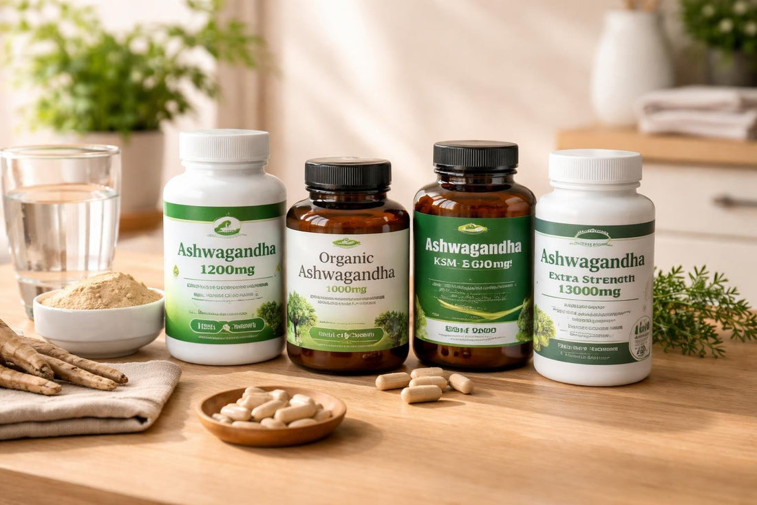 Bottles of ashwagandha supplements on wooden table