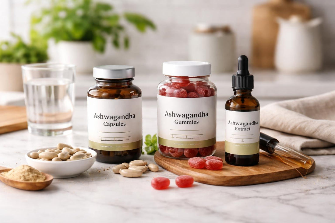 ashwagandha supplements in capsules, gummies and tincture