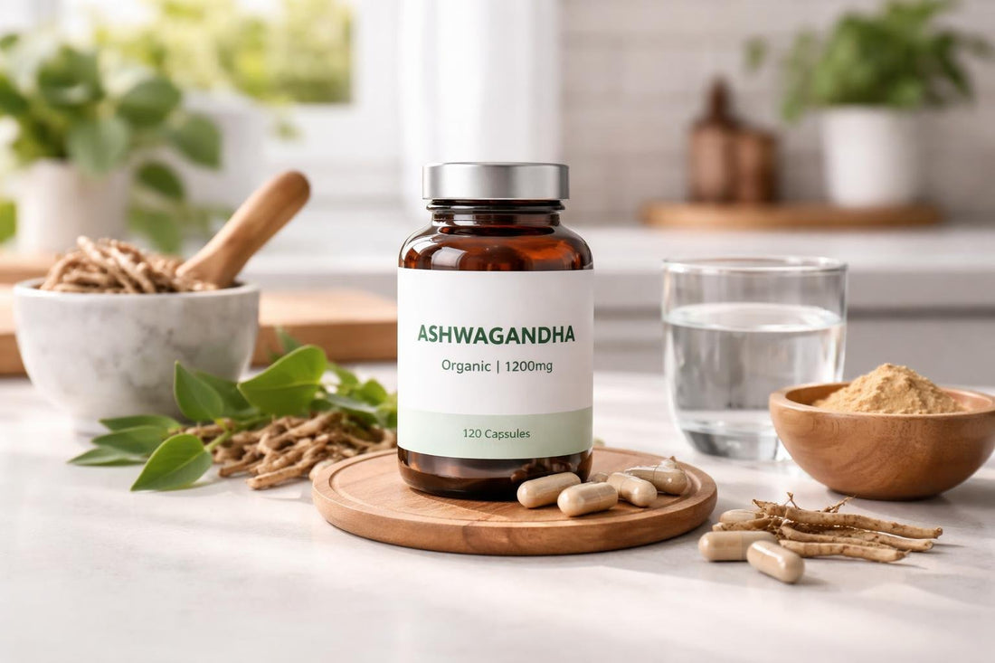 Ashwagandha supplement capsules with label details and herbs