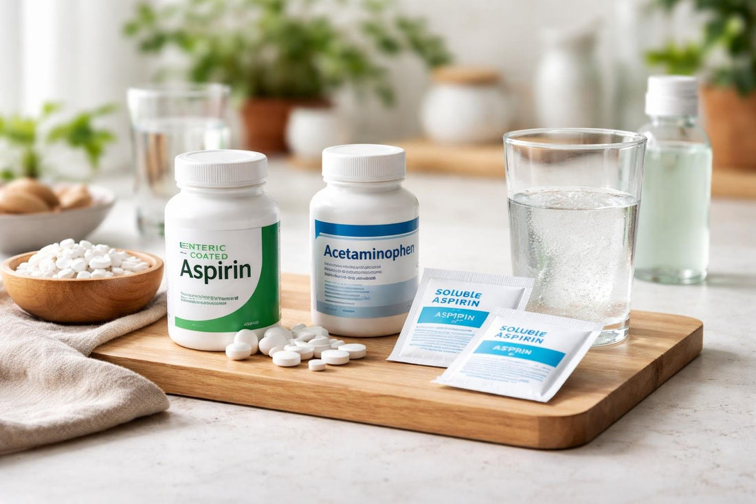 Aspirin tablets powders and aspirin-free caplets displayed