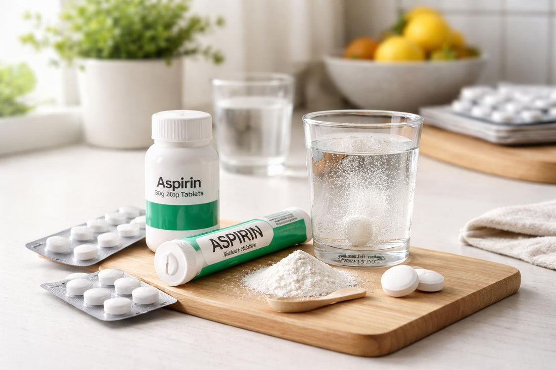 Aspirin tablets and powder selection on table