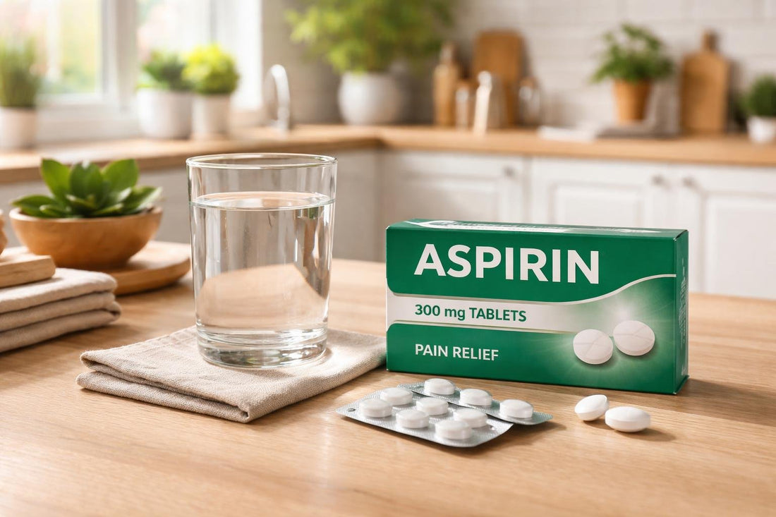 Aspirin pain relief tablets beside water glass in Yorkshire home