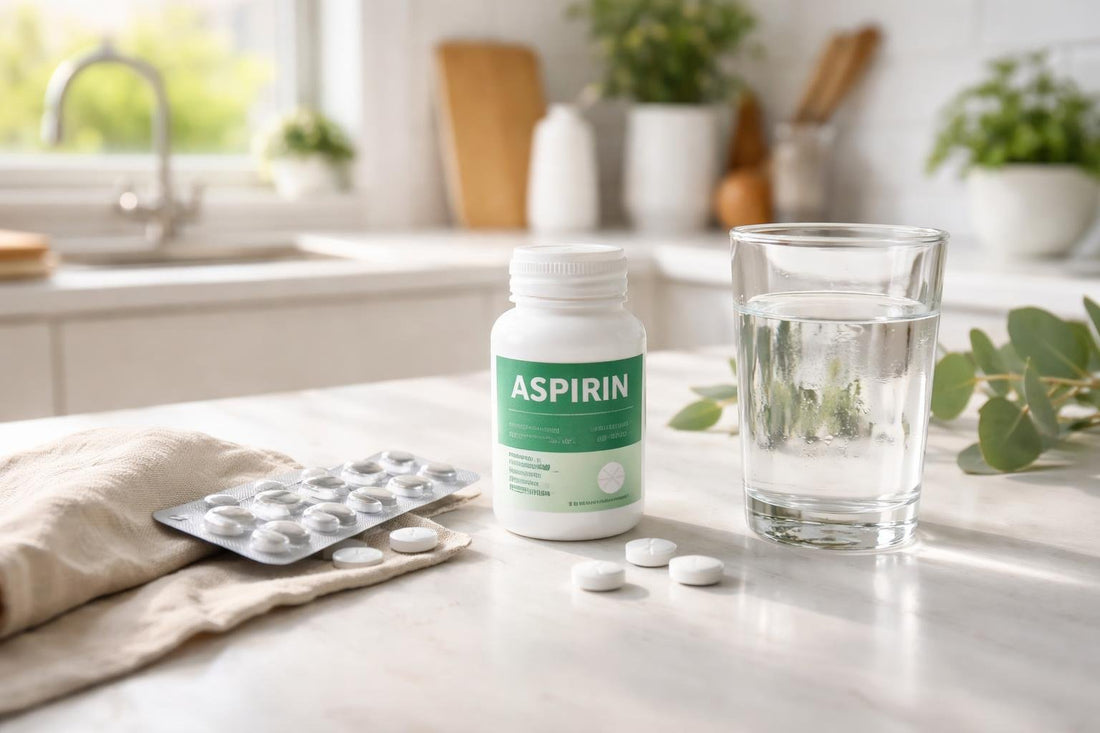 Aspirin tablets and water glass for seasonal pain relief