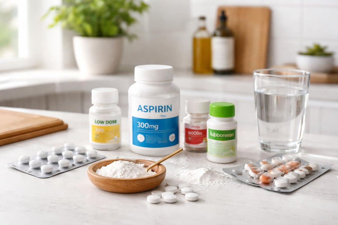 assorted pain relief tablets and powders on counter