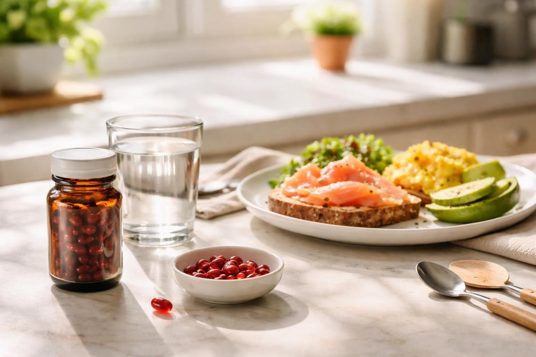 Astaxanthin capsules beside breakfast for safe daily timing