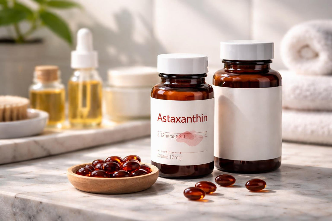 bottles of astaxanthin supplements and capsules close-up