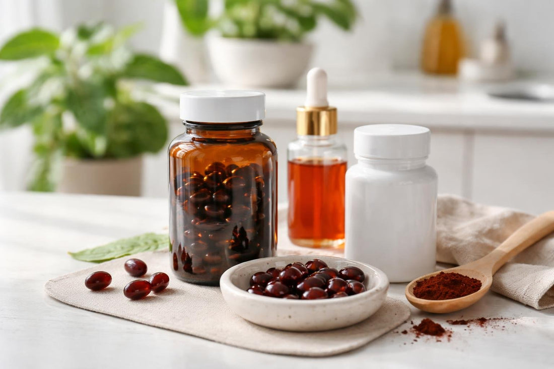 Astaxanthin supplement softgels and capsules on a table