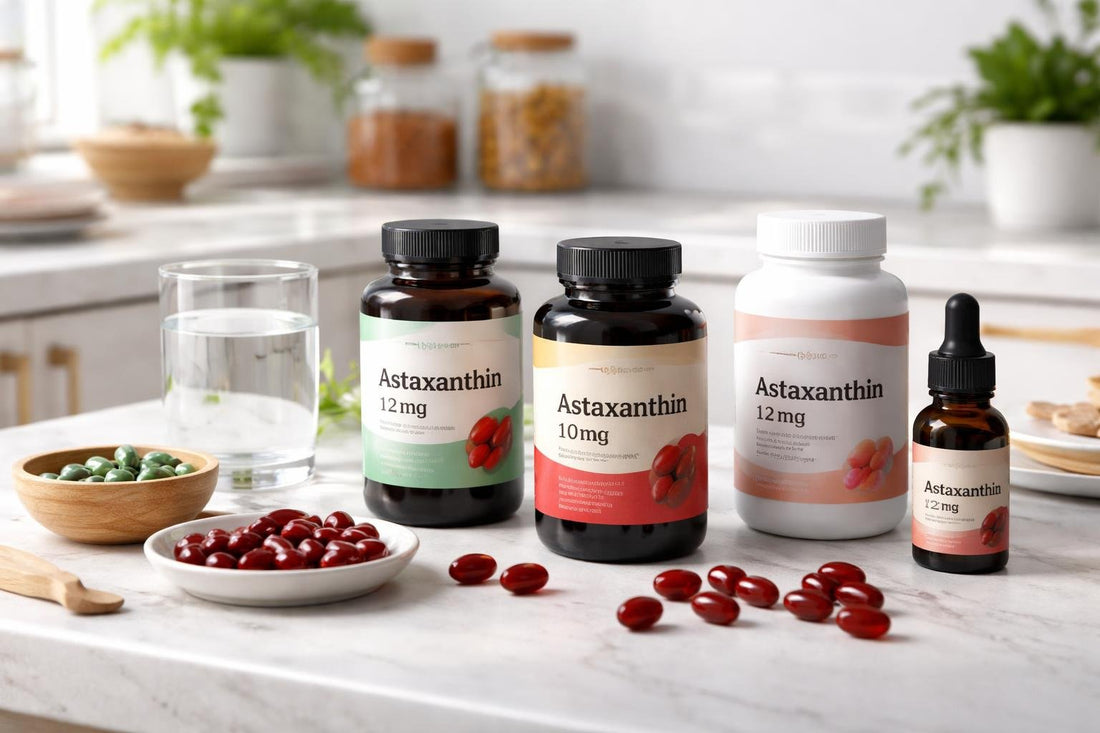 Assorted astaxanthin supplement bottles and softgels