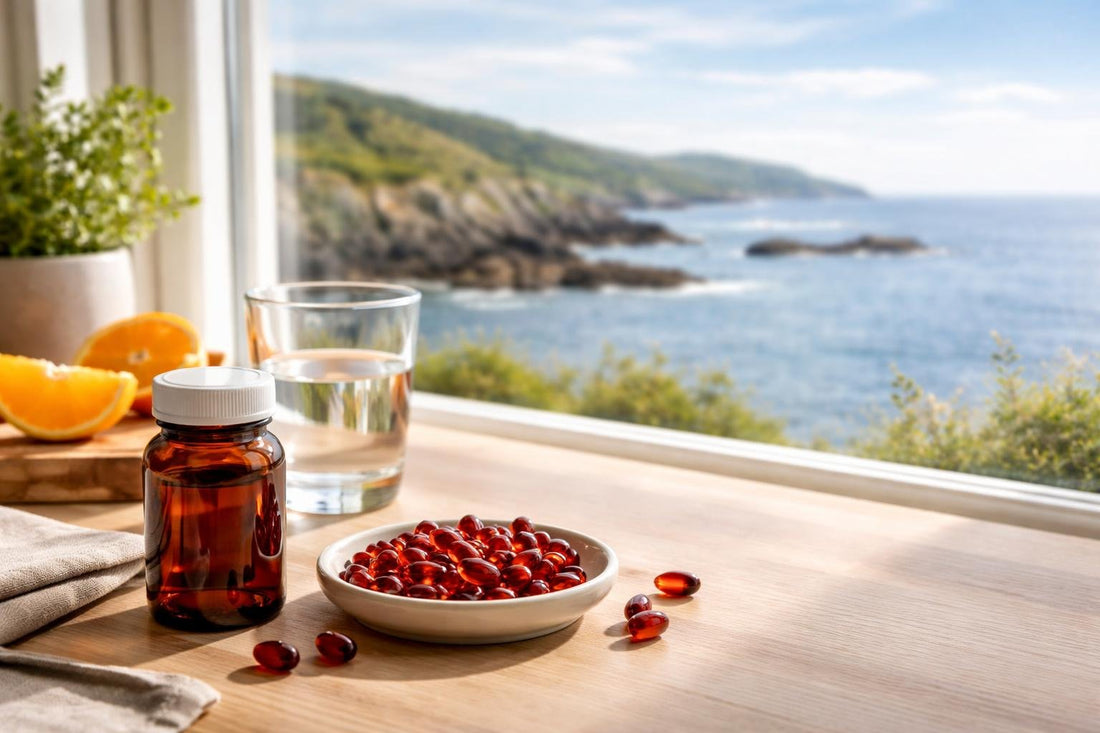 Astaxanthin supplement softgels beside Scottish coastal scenery