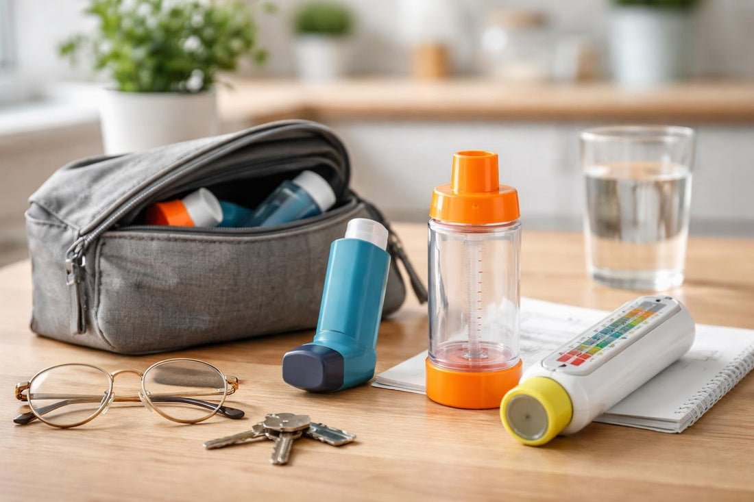 Asthma inhaler, spacer and peak flow essentials in a bag