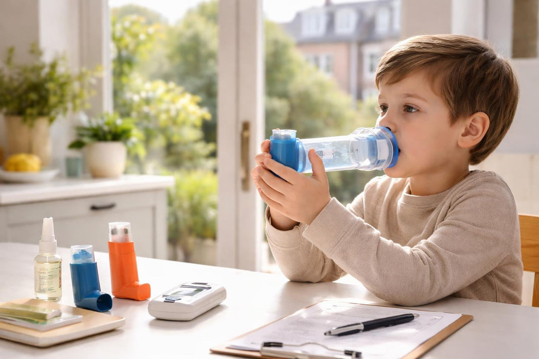 child using spacer with inhaler in London home