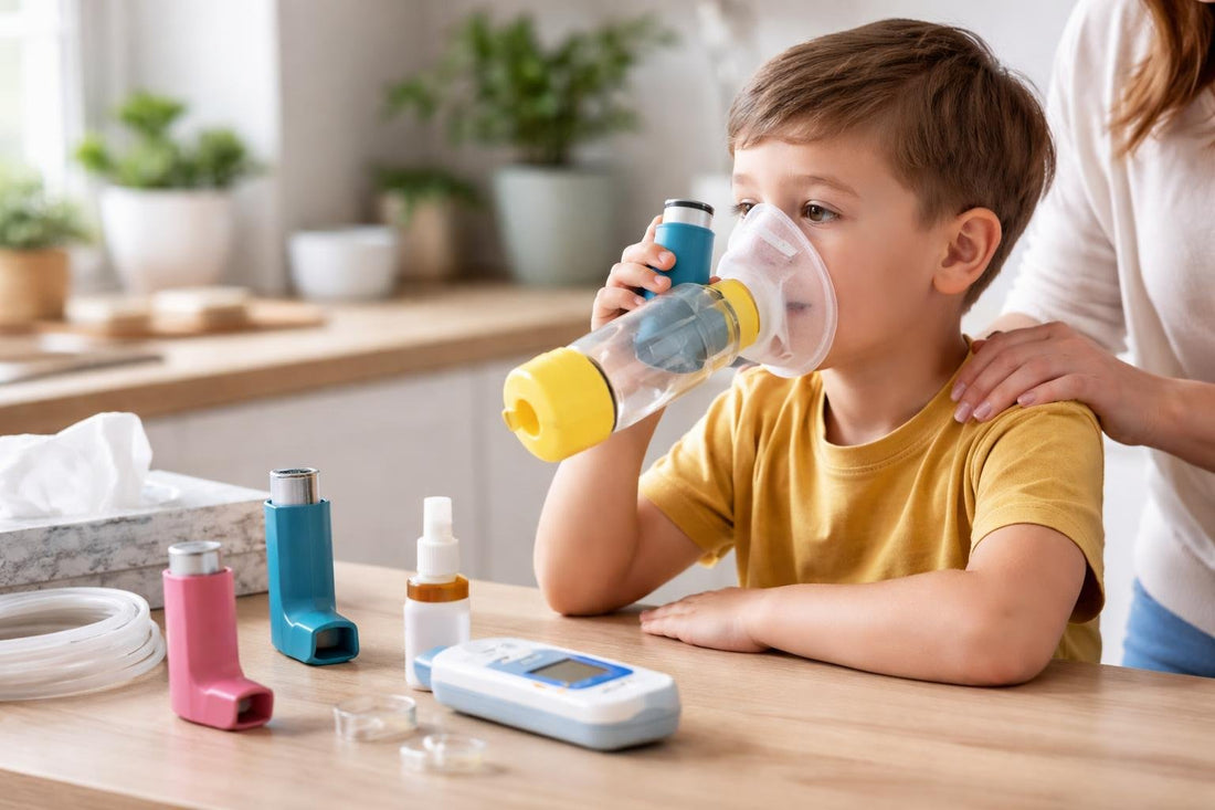 Child using inhaler with spacer and parental guidance