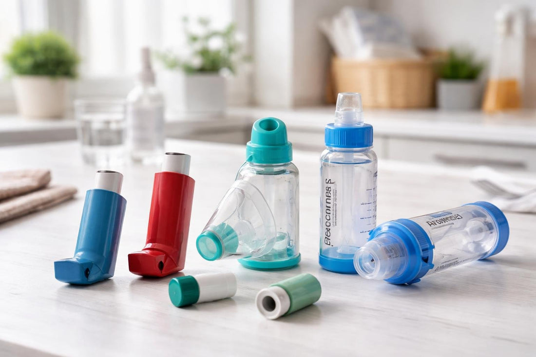 Assorted inhalers and spacers for asthma management