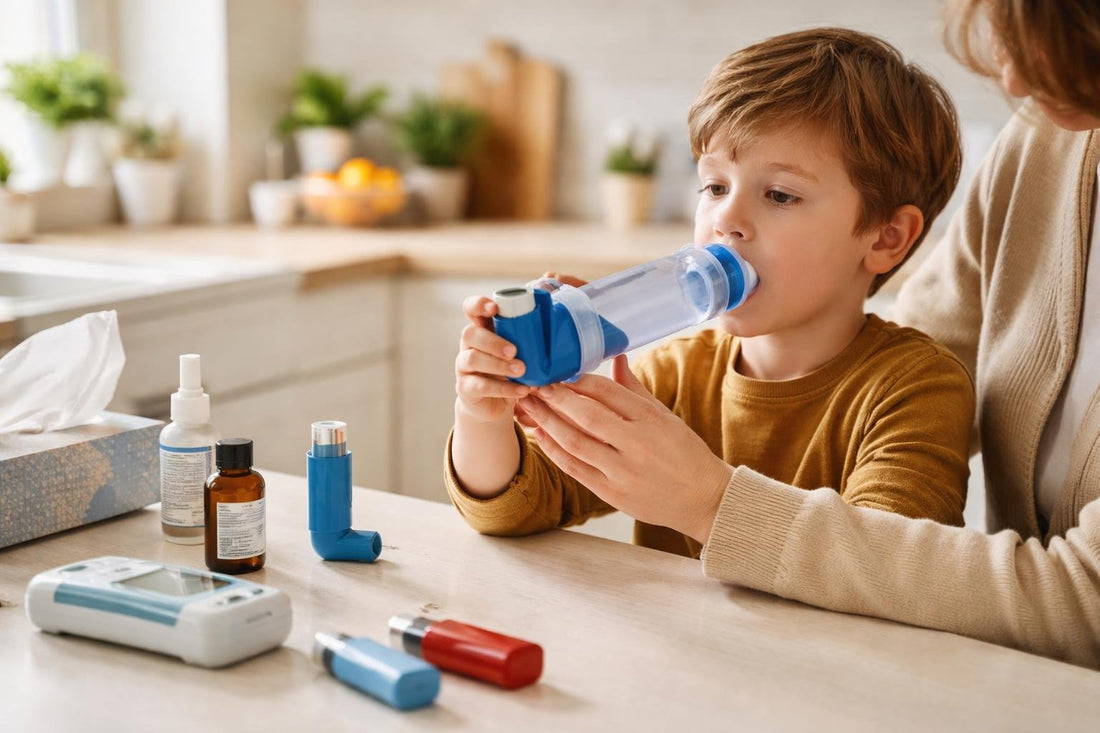 Child using spacer with inhaler under parental guidance