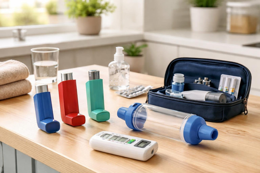 Assorted inhalers, spacer and travel kit