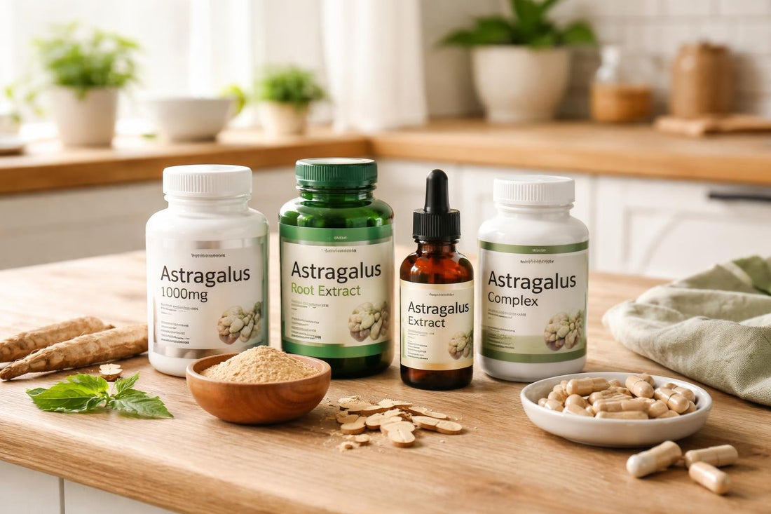 bottles of astragalus supplements on wooden table