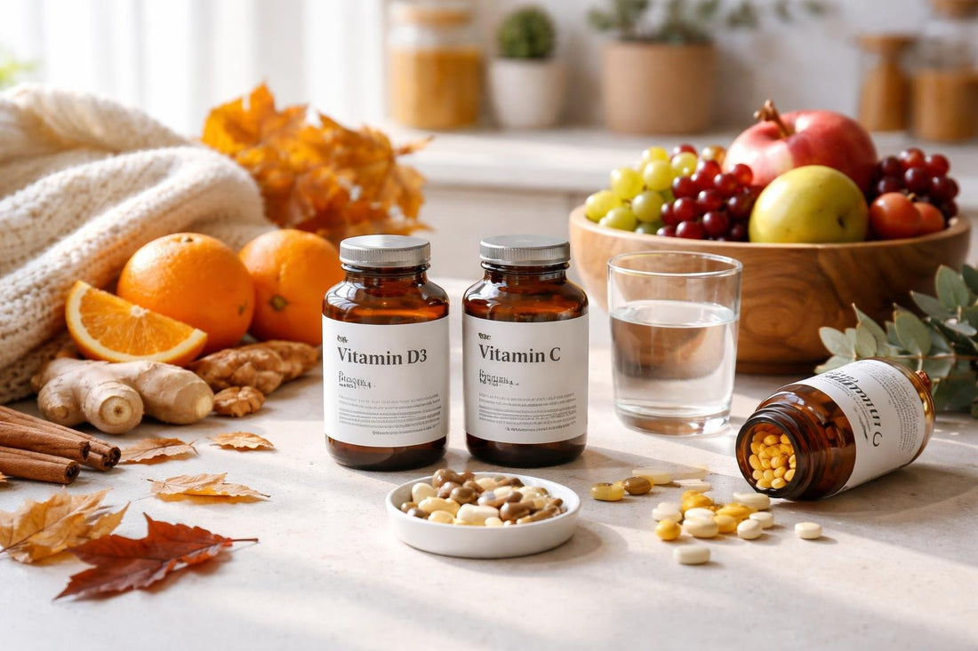 Autumn and winter vitamins laid out with seasonal fruit