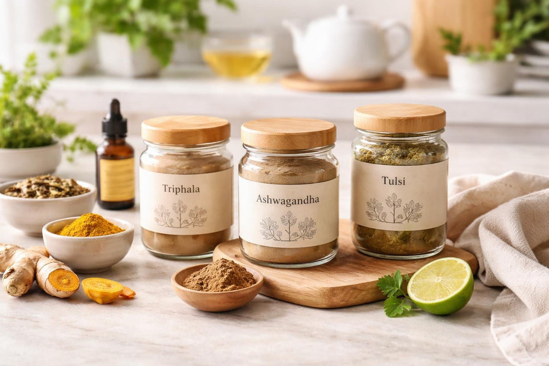 Ayurveda essentials jars and herbal powders UK