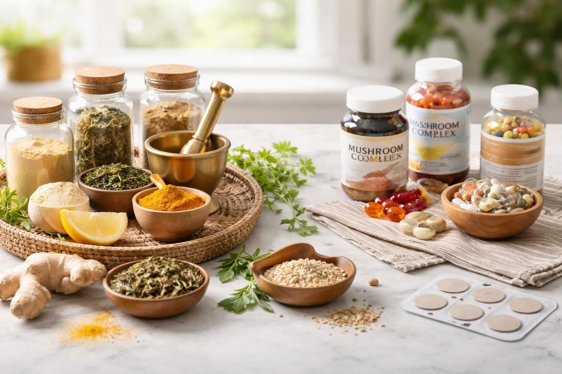 Ayurvedic herbs and wellness alternatives on table