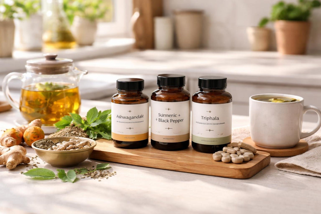 Ayurveda wellness essentials with herbal tea and capsules