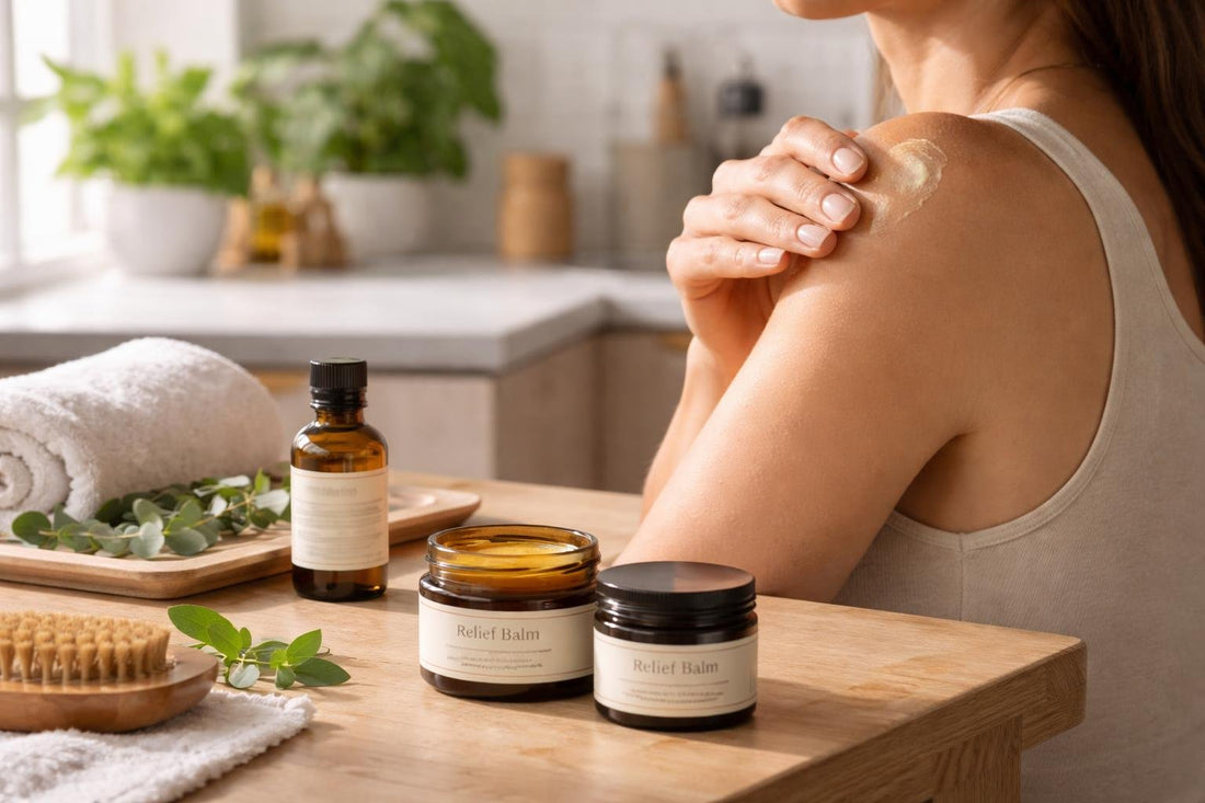 Ayurvedic balm applied to shoulder for quick self massage