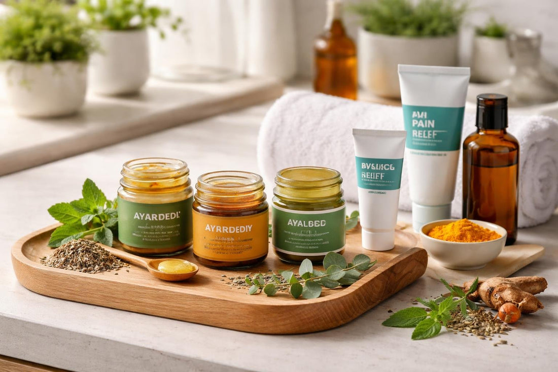 Ayurvedic balms and ointments on wooden tray