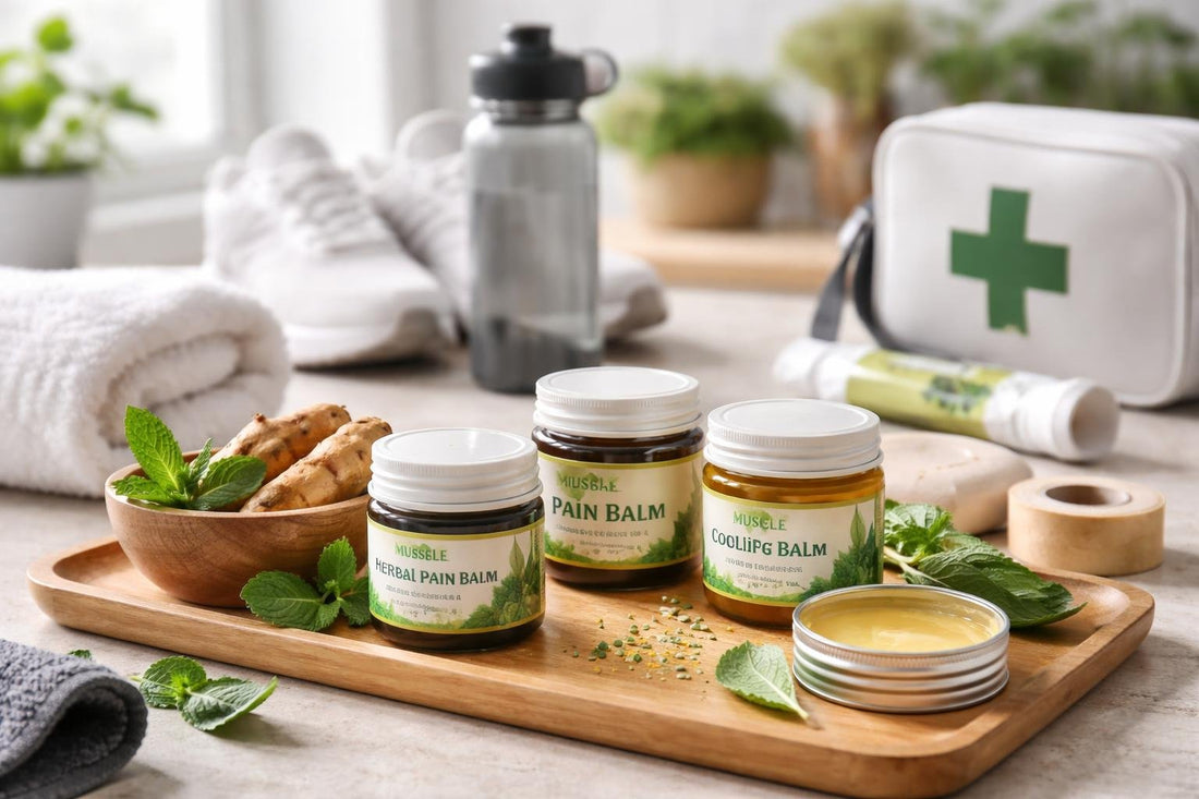 Ayurvedic balms and ointments arranged for sports first aid