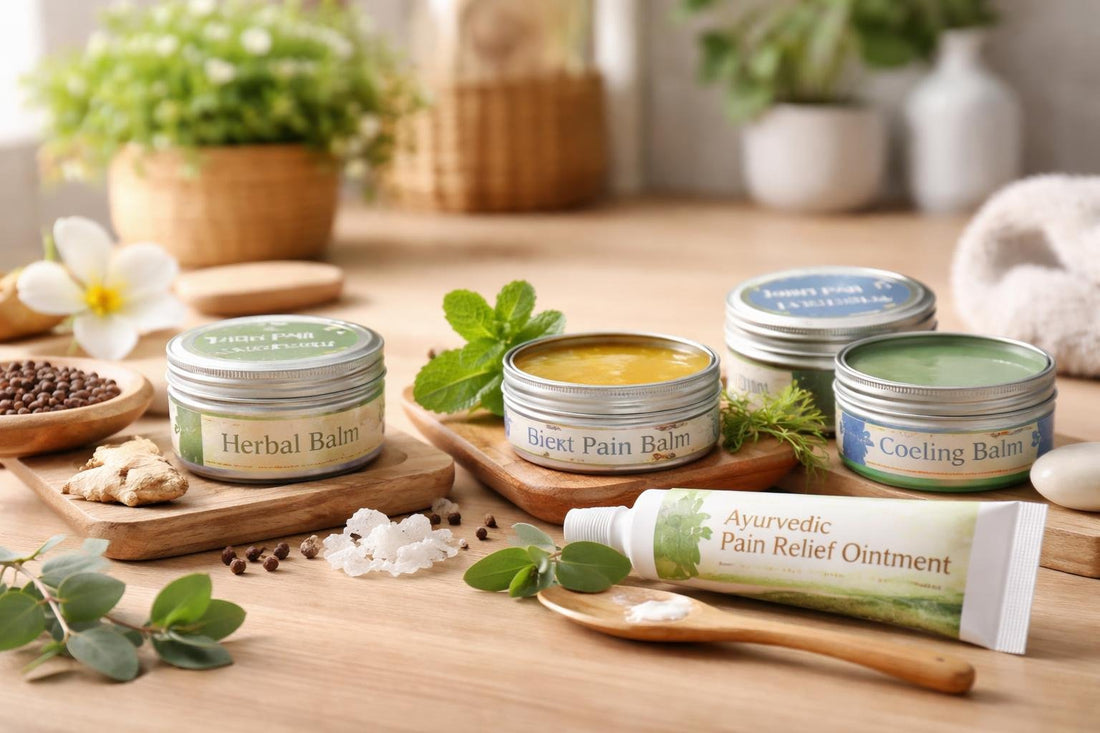 Selection of Ayurvedic balms and ointments in tins