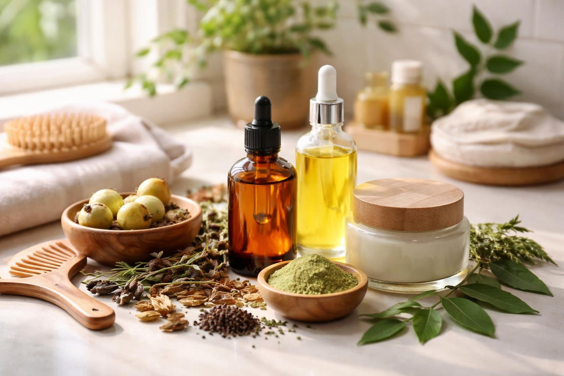 Ayurvedic hair oil and herbs for at-home routine