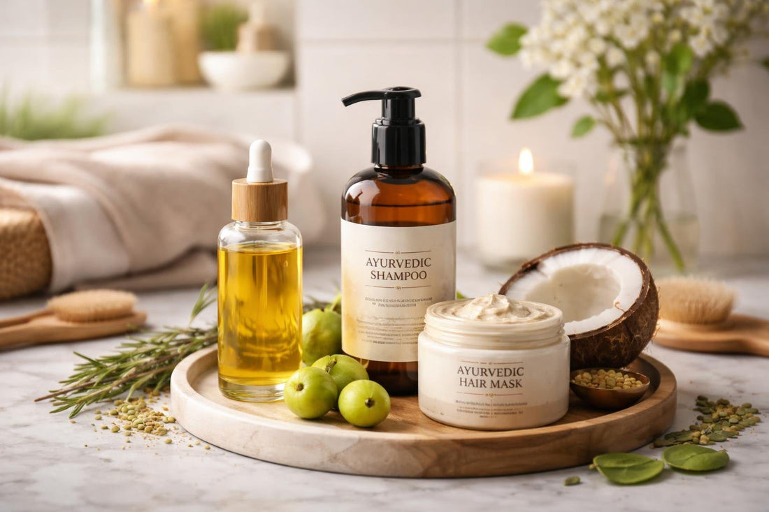 Ayurvedic hair care routine with oil, shampoo and mask