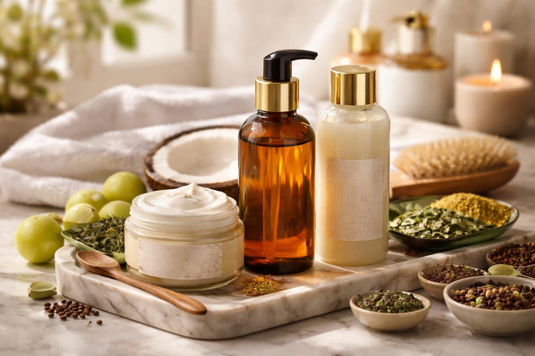 Ayurvedic hair oil and botanical ingredients for dry hair