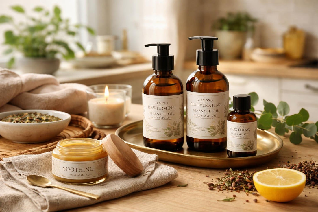 Ayurvedic massage oils and balm arranged for seasonal self-care