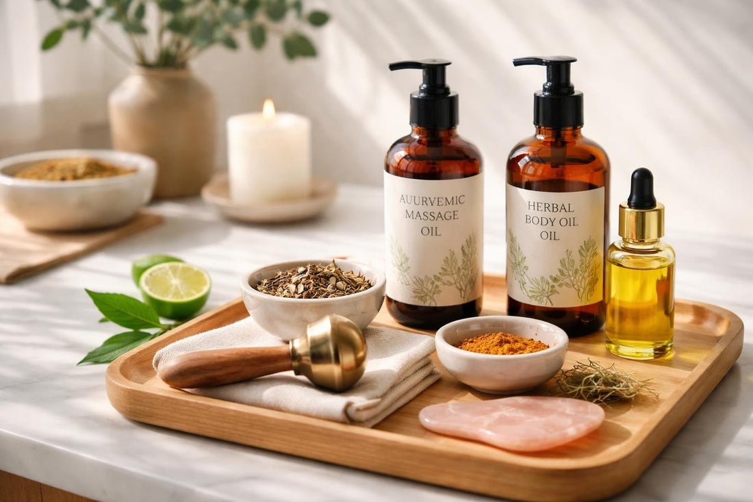 Ayurvedic massage oils and tools on wooden tray