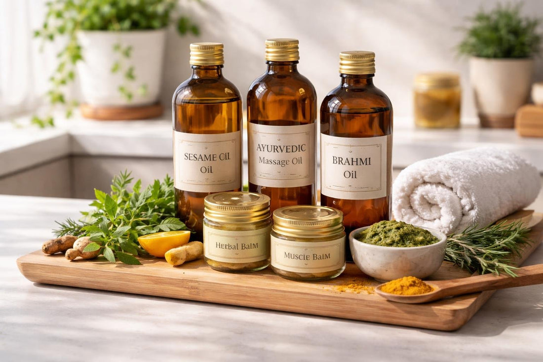 Selection of Ayurvedic oils and balms on wooden tray