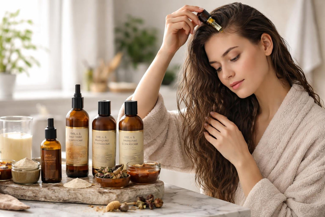 Woman applying Ayurvedic oil to damp winter hair