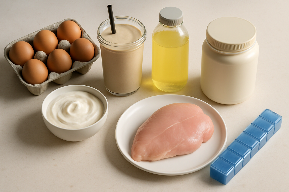 Kitchen flat lay of high-protein foods, electrolyte drink and a pill organiser