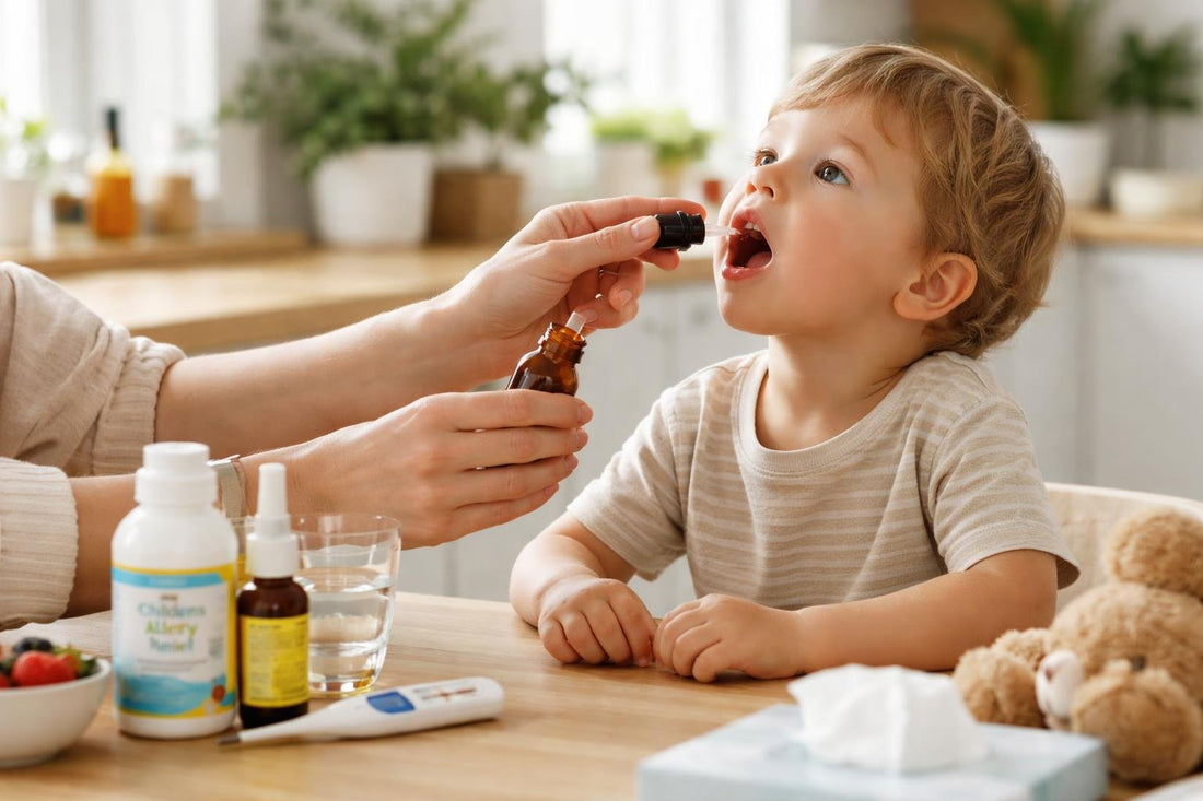 Toddler taking allergy medicine with parent guidance