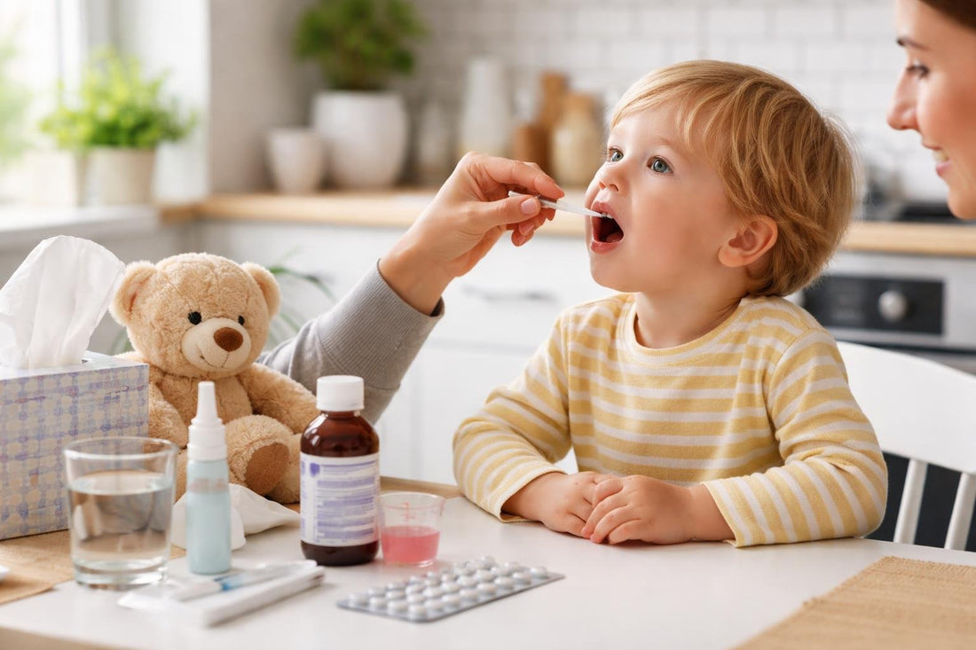 Toddler taking allergy medicine with parent at home