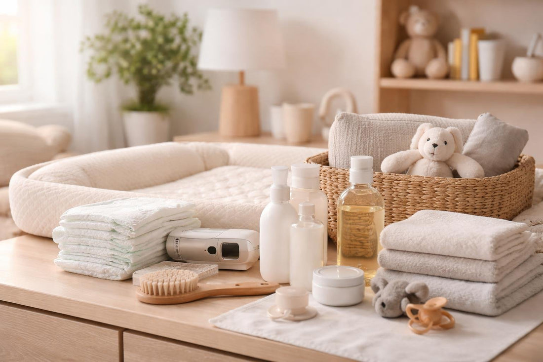 Baby care essentials arranged for simple nursery routines