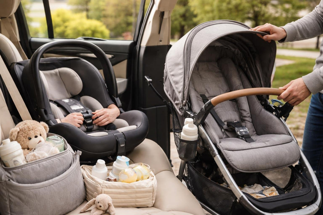 Parent checking baby car seat and pushchair fit
