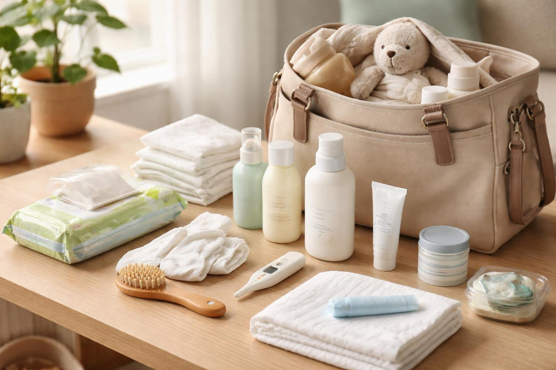 Everyday baby care essentials laid out in a changing bag
