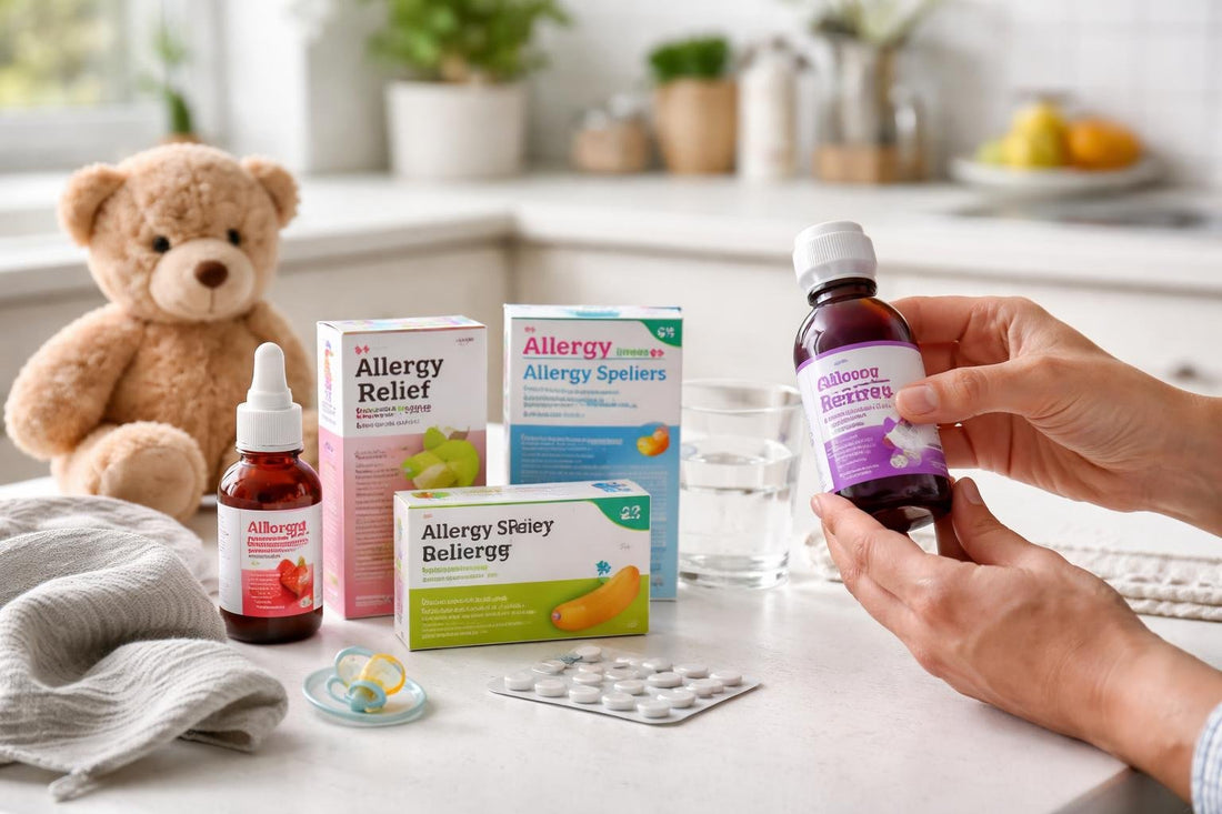 Parent choosing baby and child allergy medicine in UK