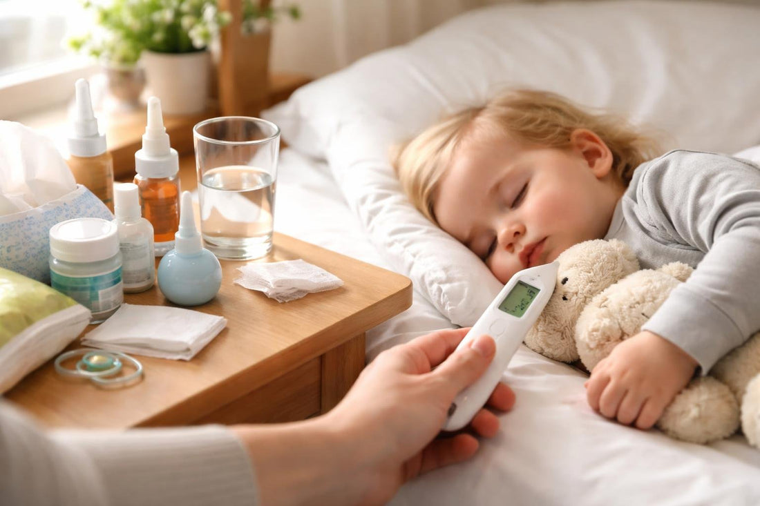 Parent using thermometer safely with a sleeping child