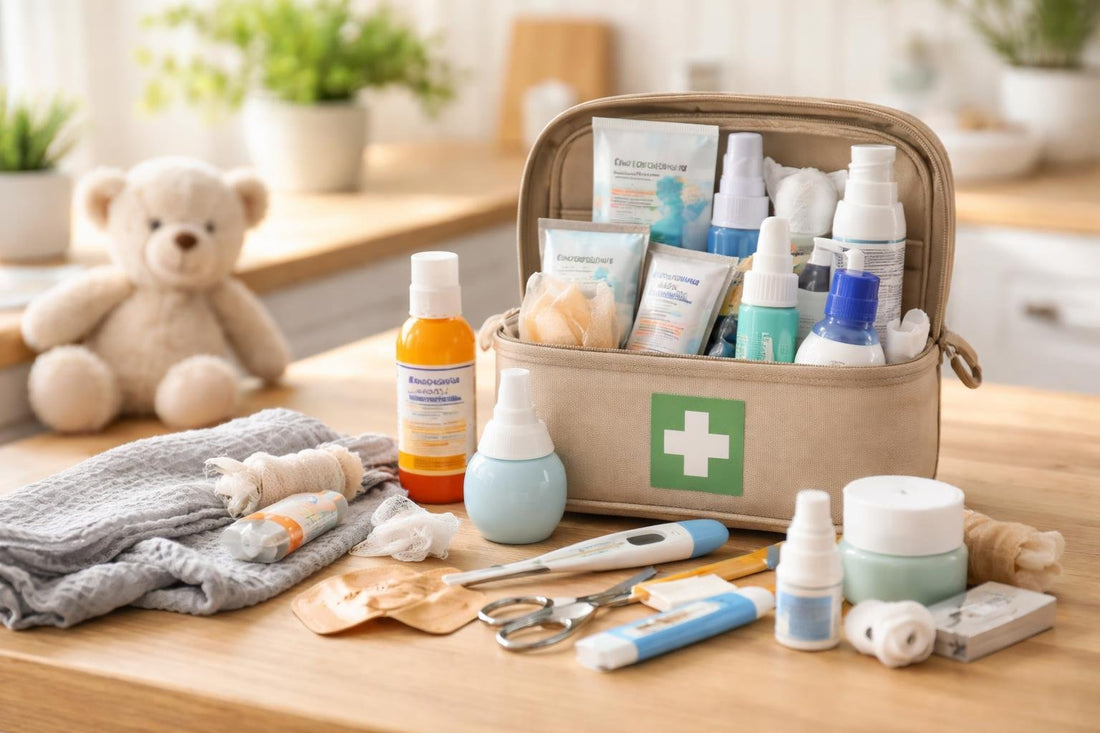 Baby and child first aid kit essentials laid out neatly